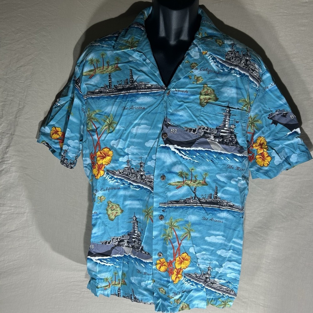 Kalaheo Hawaiian Shirt Large Naval Battleship Print Made in Hawaii